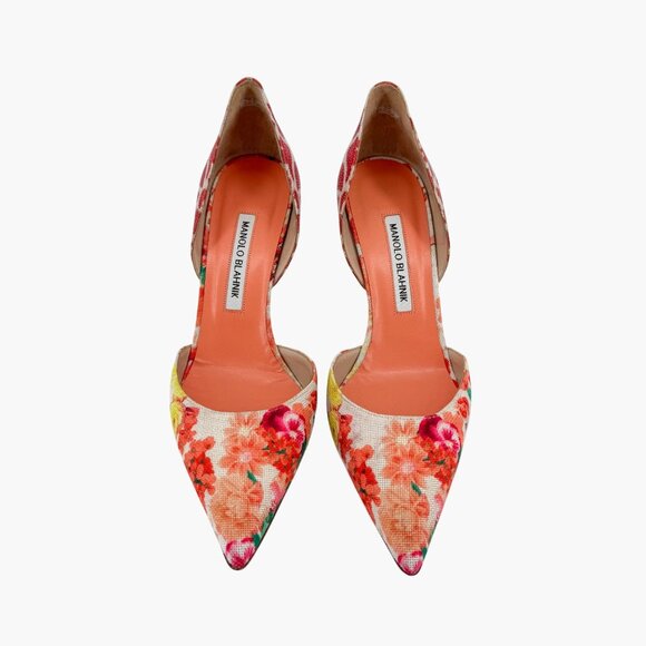 Manolo Blahnik Tayler Orange Floral Fabric D’Orsay Pumps Heels Size 40 US 10 - Picture 2 of 13
